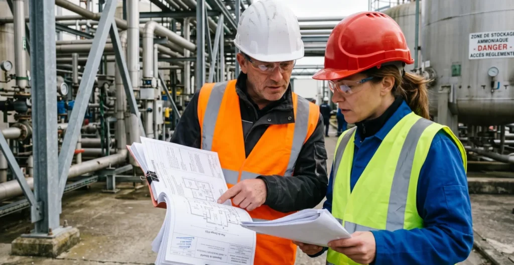 Deux professionnels consultant des documents techniques de sécurité sur site industriel lors d'une expertise Deux professionnels consultant des documents techniques de sécurité sur site industriel lors d'une expertise