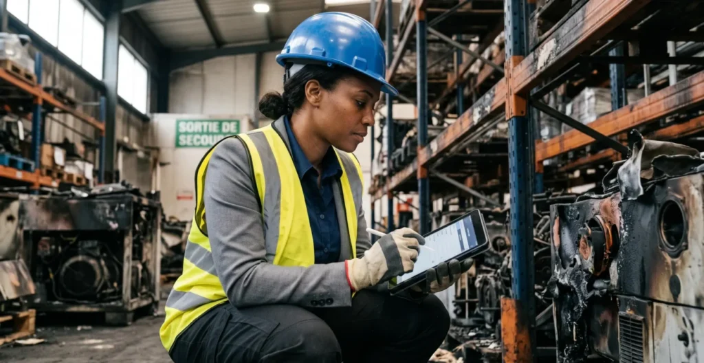 Experte documentant les dégâts d'un sinistre industriel à l'aide d'une tablette numérique sur site Experte documentant les dégâts d'un sinistre industriel à l'aide d'une tablette numérique sur site