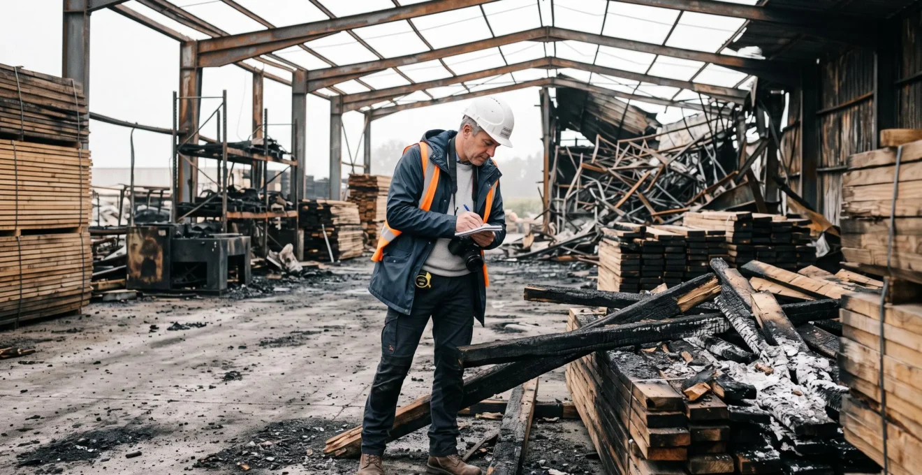 Expert en assurance inspectant une installation industrielle endommagée par un incendie dans une entreprise de traitement de bois
